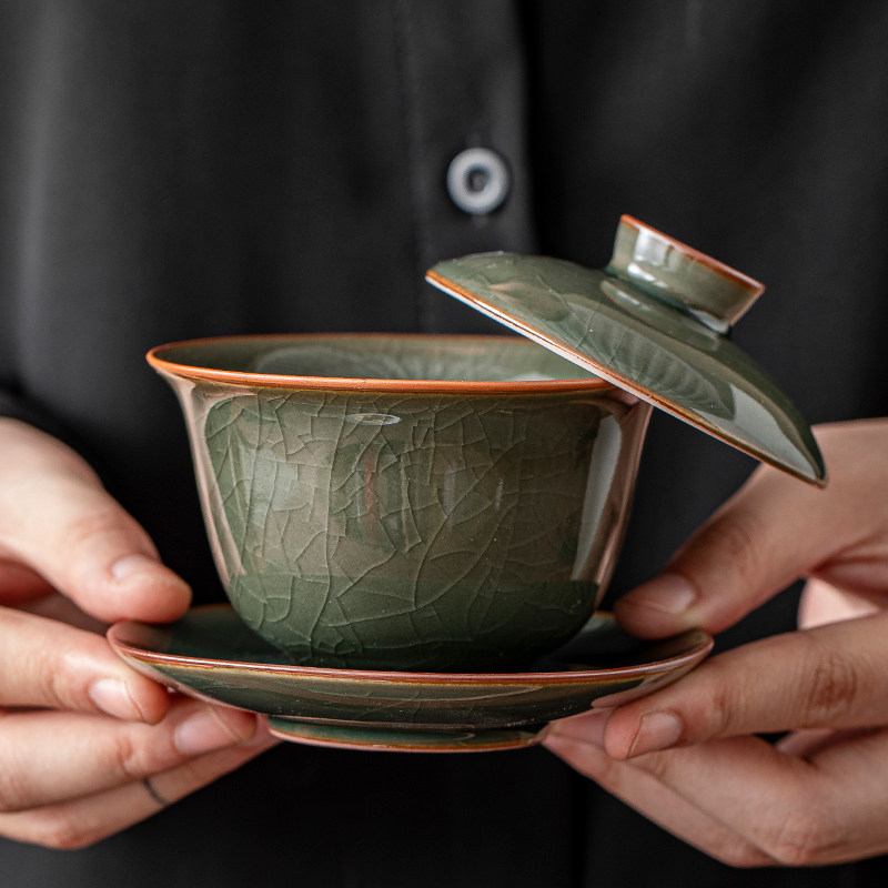Ge Kiln Ice Crack Three-Piece Covered Bowl, High-End Ice Crack Large Household Tea Bowl with Lid, Non-Hot Tea Cup, Kung Fu Tea Set