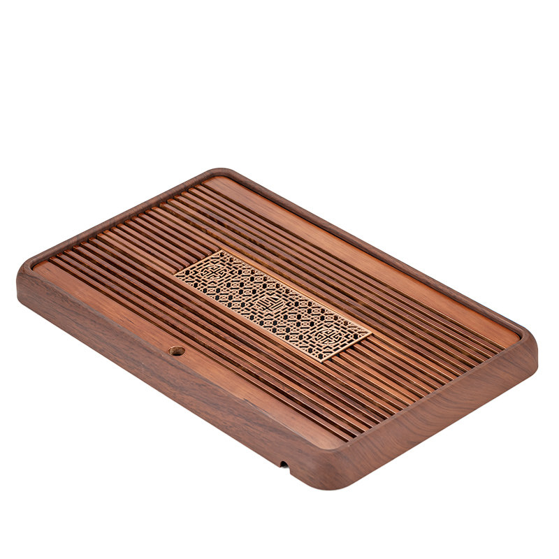 Solid Wood Tea Tray, Household Tea Set Accessories, Tea Tray with Dual-Purpose Storage and Drainage, New Small Tea Table, Walnut Color with Transfer Printing