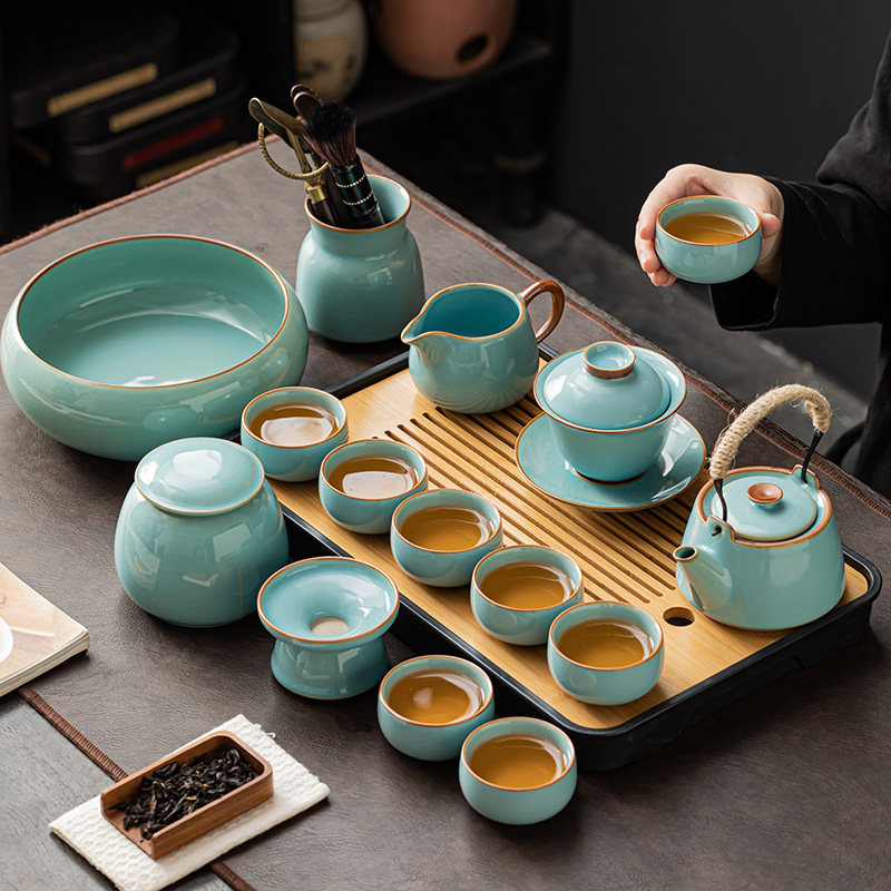 Tianqing Ru Kiln Kung Fu Tea Set Ceramic Chinese Teapot Gaiwan Tea Cup Tea Tray Light Luxury High-End Household Tea Drinking Set