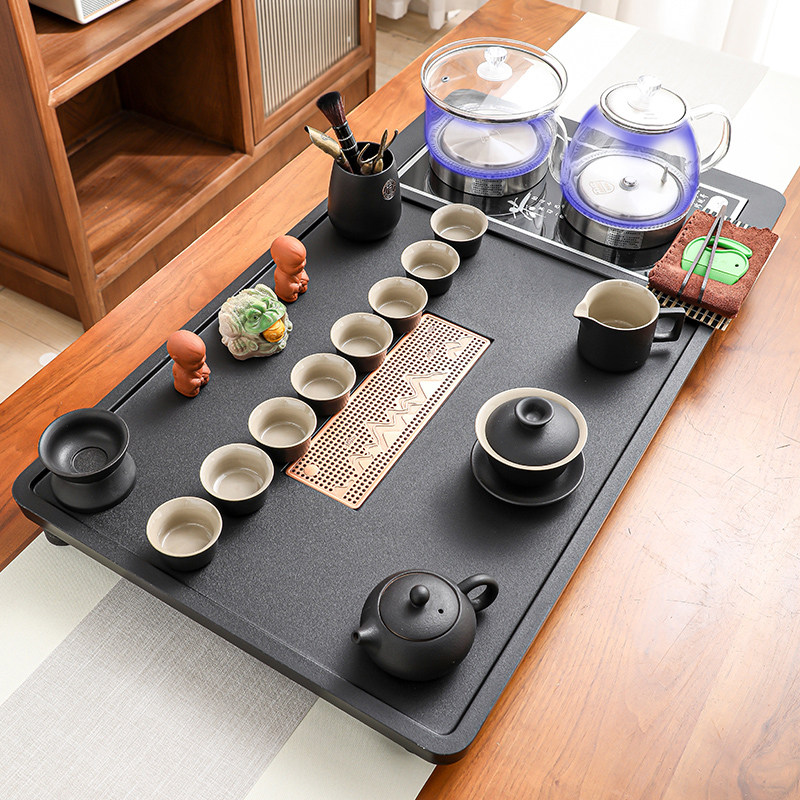 Complete Kung Fu Tea Set, Ru Kiln Ceramics, Household Four-In-One Glass Bottom Water Boiling Kettle, Tea Table, Tea Tray