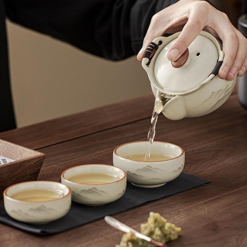 Haoyao Ru Kiln Travel Tea Set, One Pot and Three Cups, Hand-Held Pot with Lid, Bowl, Outdoor Portable Tea Brewing Set, Quick Tea Cup