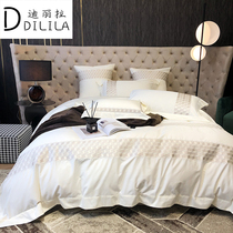 Four-piece set of cotton pure cotton high-end solid color embroidery 100 plush quilt cover Light luxury white sheets Bedding