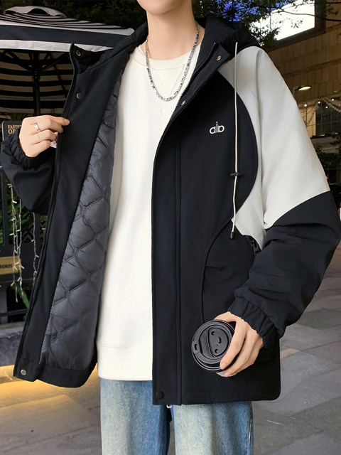 Work jackets for men and teenagers 2025 new autumn and winter hooded quilted thickened jackets for boys spliced jackets