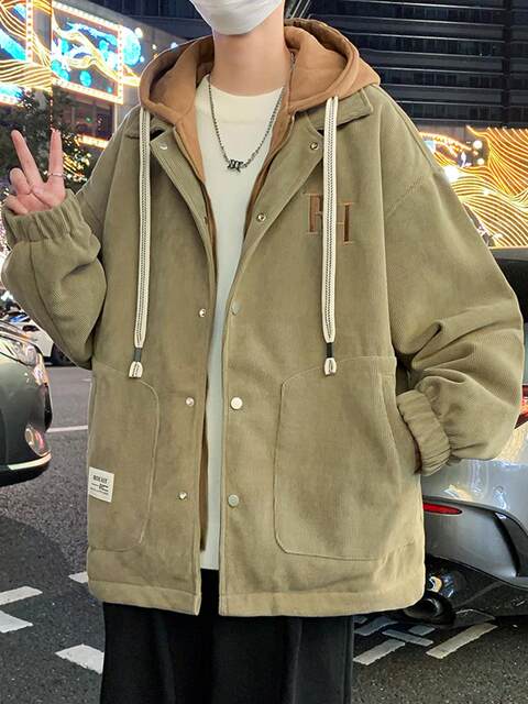 Corduroy jacket for male teenagers in autumn and winter hooded thickened quilted jacket for male high school students winter clothing two-padded jacket