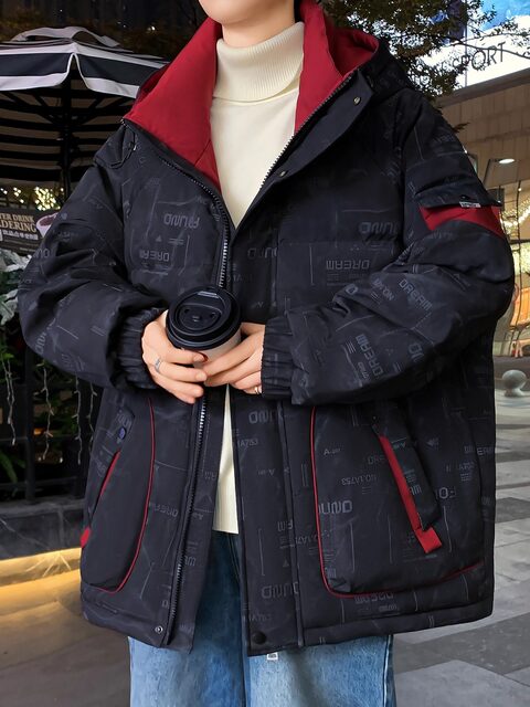 Red cotton-padded coat for boys and girls, new winter hooded warm-weather bread coat for boys, Hong Kong style workwear, thickened cotton coat, trendy