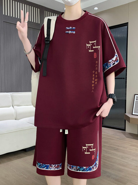 National trend ice silk suit for boys and teenagers in summer new Chinese style boys' short-sleeved shorts trendy sports matching set