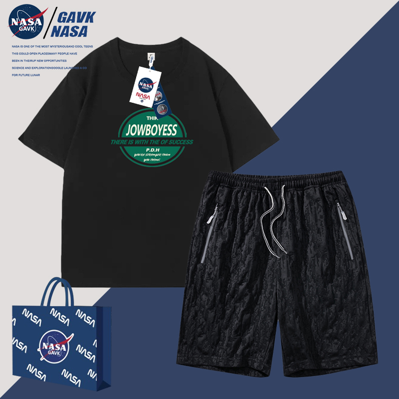 NASA GAVK新品潮牌运动纯棉印花T恤套装男情侣运动提花拉链短裤女