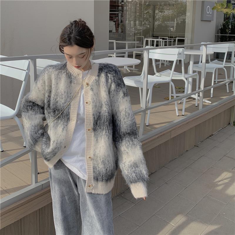 Asymptotic sweater cardiovert lady autumn winter 2022 new Korean version loose with lazy wind-knitted sweatshirt jacket casual blouses