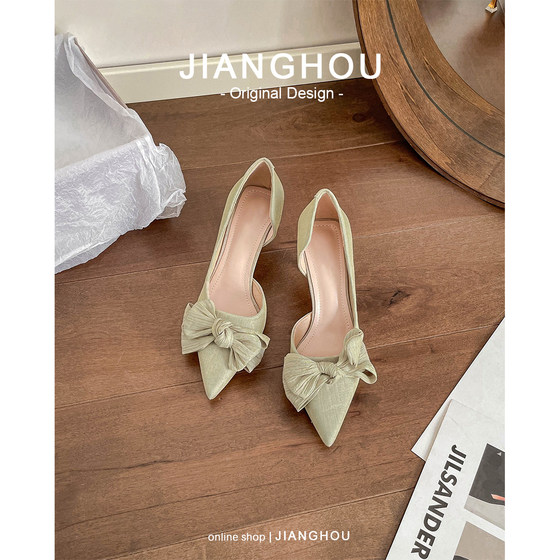정품 가죽 ~ Jiangchu 여성 신발 사이드 할로우 하이힐 여성 2024 여름 프랑스 스타일 신발 저녁 바람 부드러운 매칭 스커트 신발