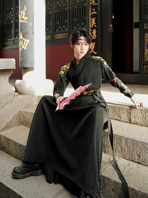 Original Authentic Men's Black Ancient-Style Scholar Warrior Costume with Heavy Embroidery of Dragon Patterns, Chinese Style Hanfu Student Outfit
