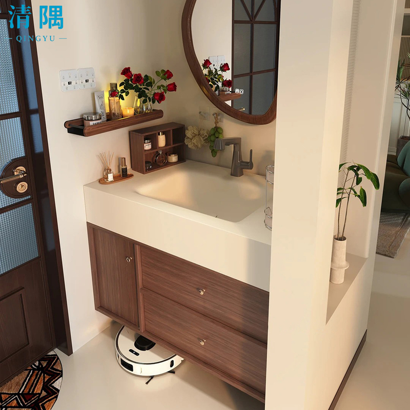 Medieval-Style Bathroom Cabinet with Corian Stone Hot-Bent Integrated Basin, Washbasin, and Bathroom Sink Cabinet Set