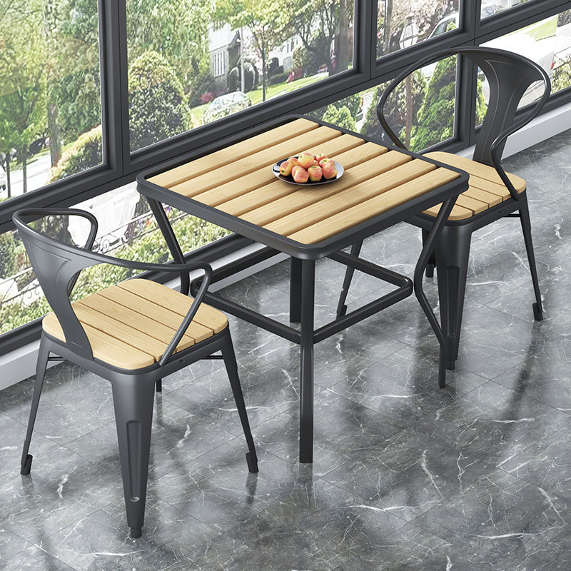 Wrought iron outdoor plastic-wood tables and chairs courtyard terrace garden strip combination outdoor leisure round table balcony anti-corrosion wooden table