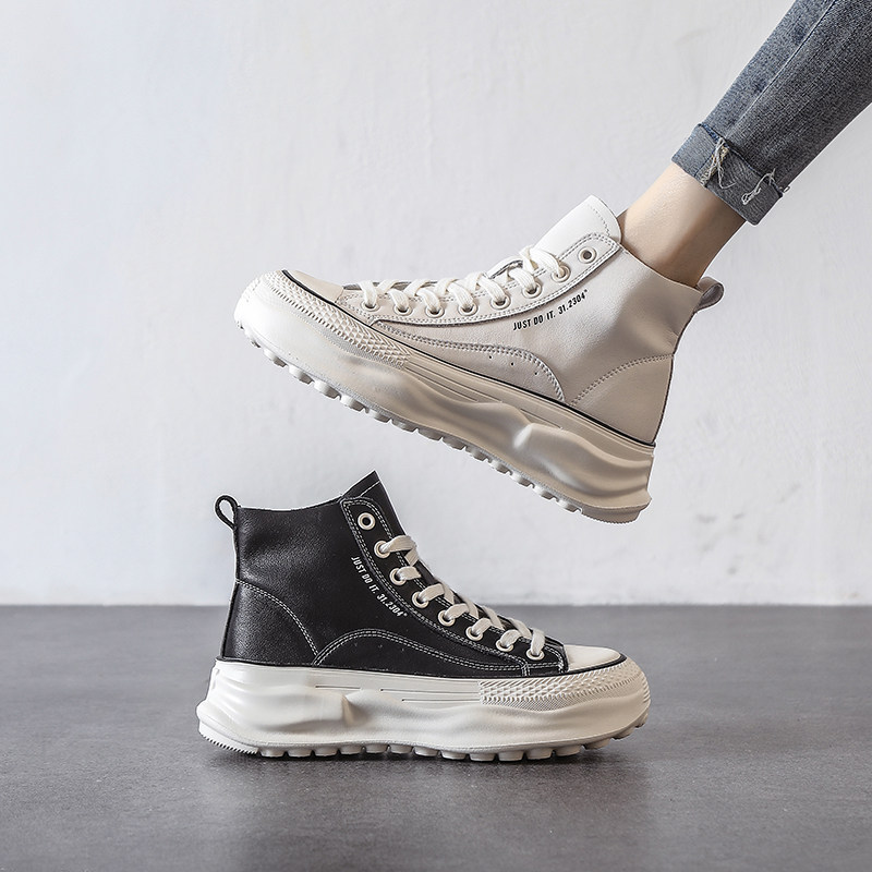 First-Layer Cowhide Thick-Soled High-Top White Sneakers for Women, 2026 Spring New Style, Genuine Leather, Breathable, Height-Increasing, Fashionable Casual Sneakers