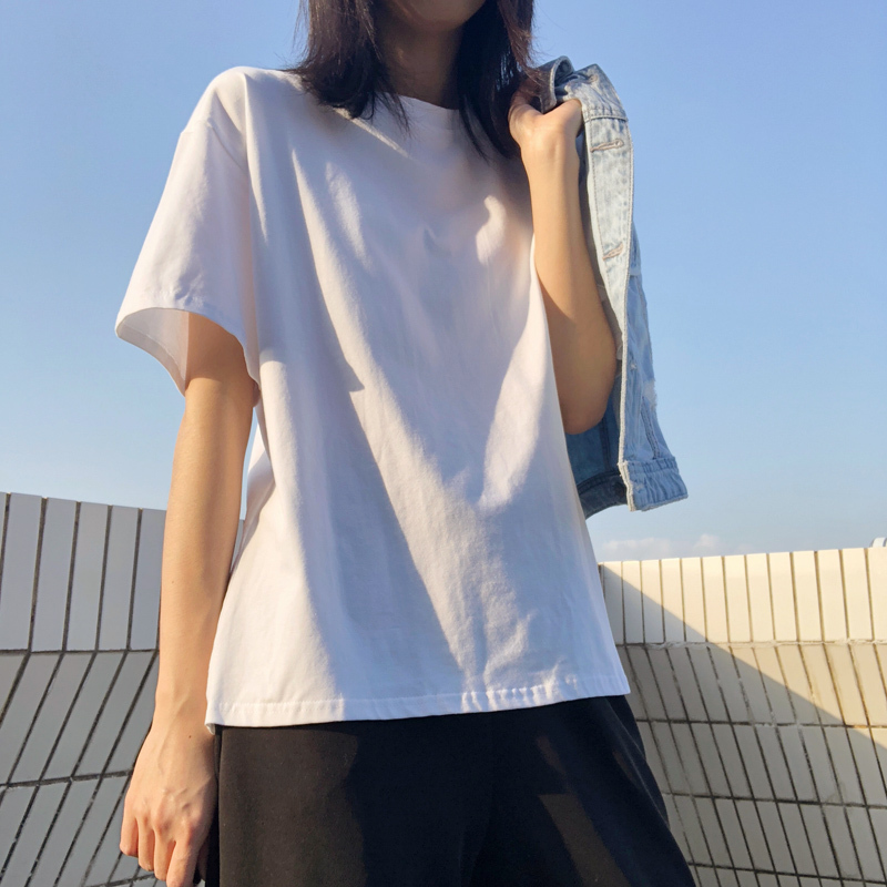 White T-Shirt for Women, Summer Cotton Short-Sleeved Loose Pure White Top, Inner Layering Shirt