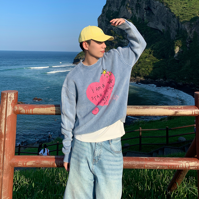 Holocene American-Style Trendy Brand Sweet and Cool Lazy Style Heart Hand-Painted Graffiti Sweater Couple Loose Round Neck Knitwear