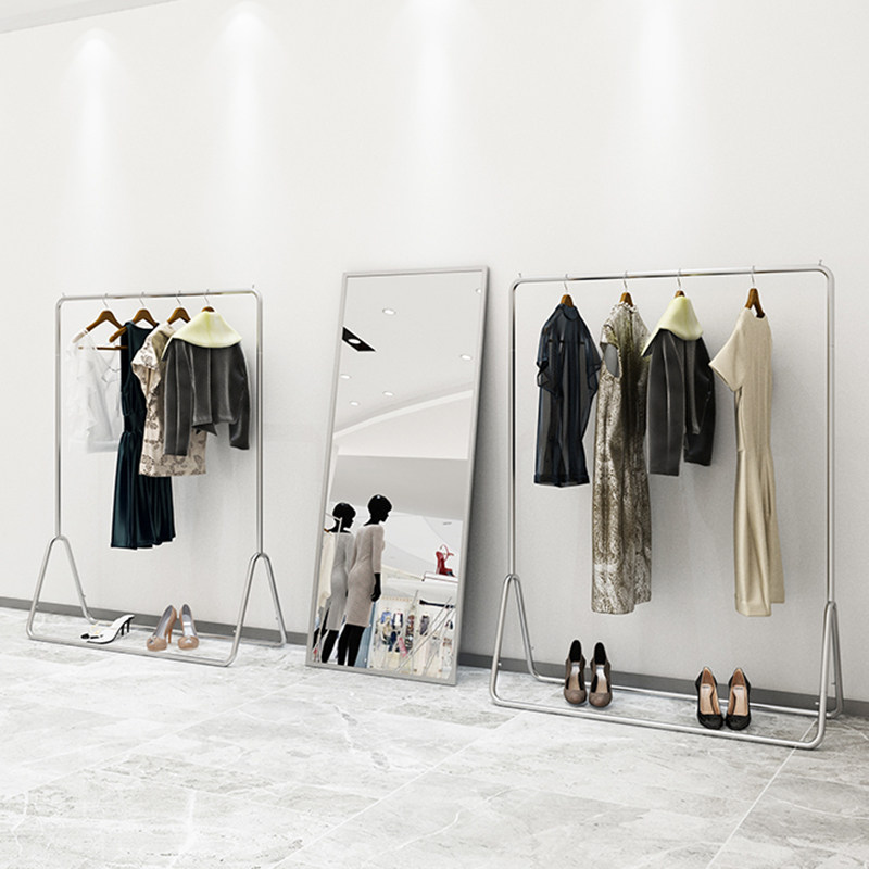 Clothing store display rack Stainless steel floor-standing hanger Men's and women's clothing store clothes rack creative simple hanging clothes rod
