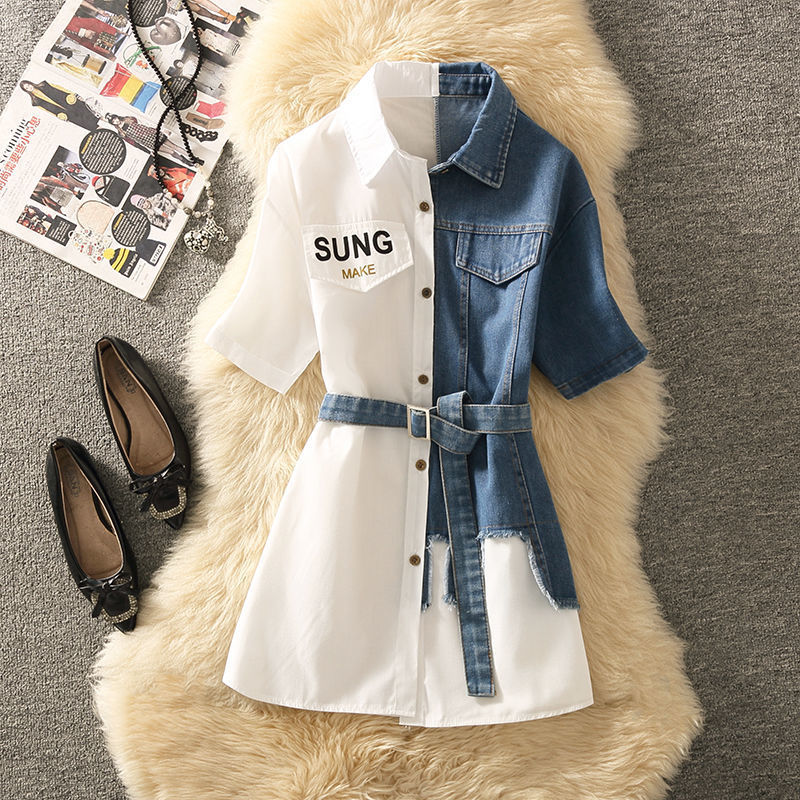 2026 Spring New Striped Denim Patchwork Dress for Women, Hip-Covering, Waist-Cinching, Mid-Length Shirt Top, Stylish