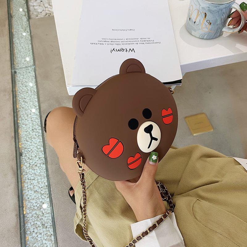 Red Lips Chain + Shoulder Straplovely Bear Bag female 2021 new pattern Cartoon Brown bear One shoulder Inclined shoulder bag fashion Versatile mobile phone Chain package