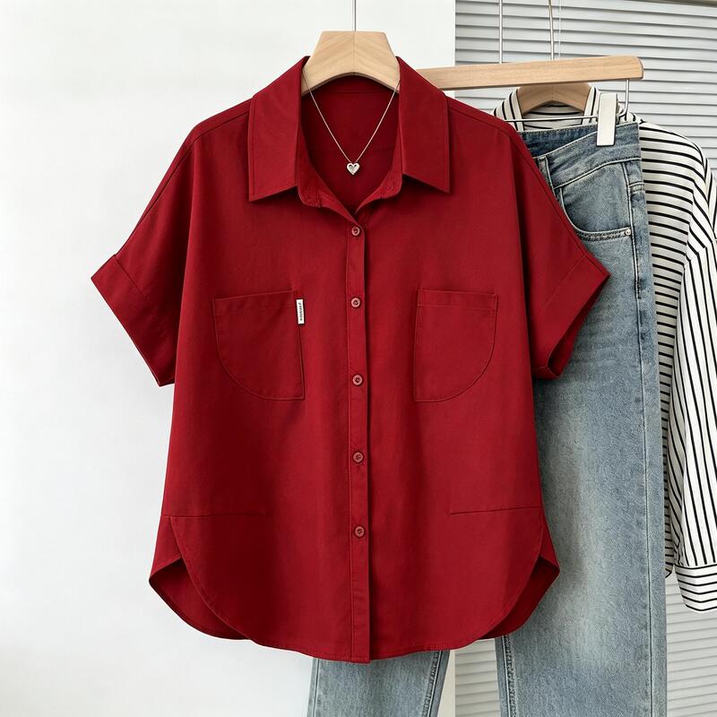 Retro Hong Kong Style Red Work Shirt with Turn-Down Collar and Rolled Sleeves, Plus-Size Summer Pleated Loose-Fitting Shirt That Hides the Figure and Makes You Look Slimmer