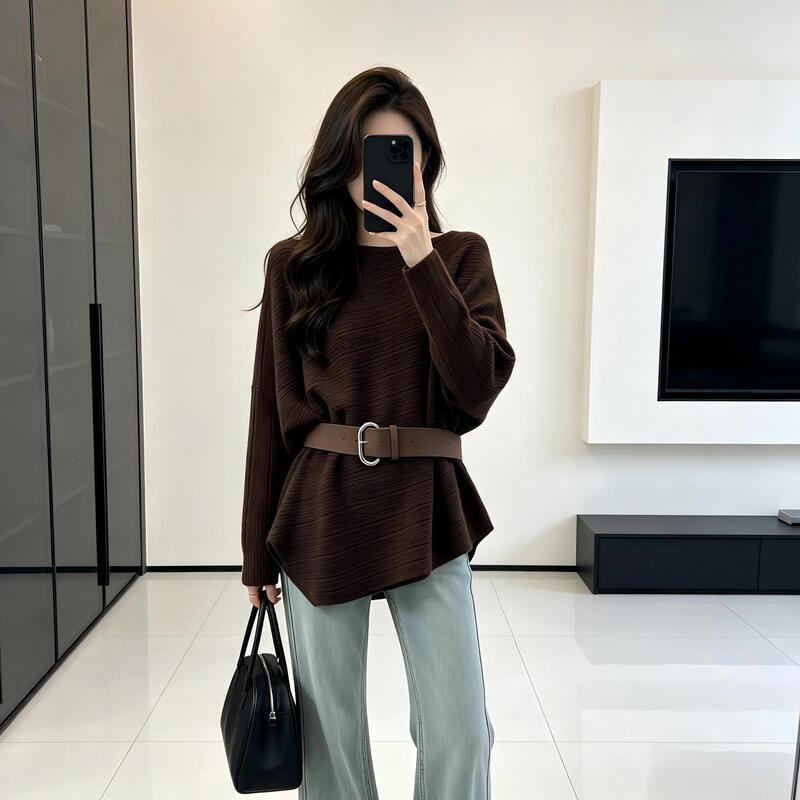 Korean Style Relaxed Fit Waist-Cinching Irregular Knit Sweater Plus Size for Chubby Women Early Autumn Loose Batwing Sleeve Slimming Sweater Korean Style Relaxed Fit Waist-Cinching Irregular Knit Sweater Plus Size for Chubby Women Early Autumn Loose Batwing Sleeve Slimming Sweater