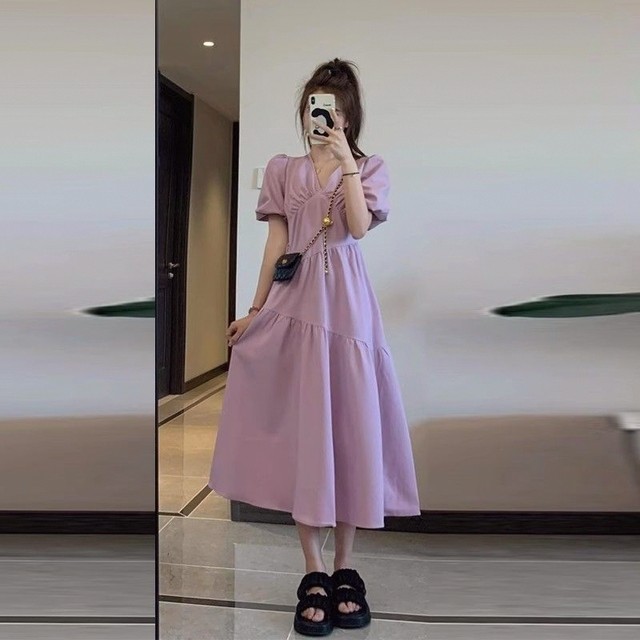 Tea break French purple dress for women summer 2024 new style gentle style high waist slim puff sleeve long skirt for women