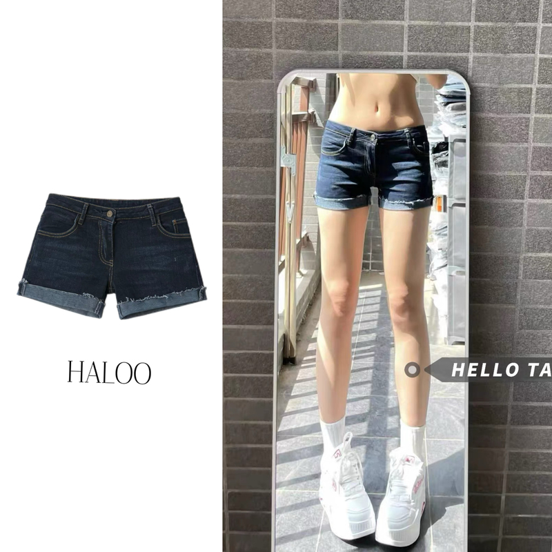 Haloo Extended 3cm Shorts That Don'T Show Skin, Plus Size American Retro Dark Blue Cuffed Shorts