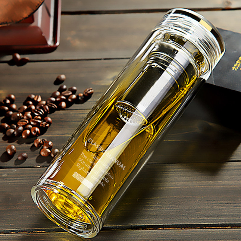 High-grade thickened transparent double-layered glass cup with lid extended strainer male and female water cup office heat insulation thickened teacup