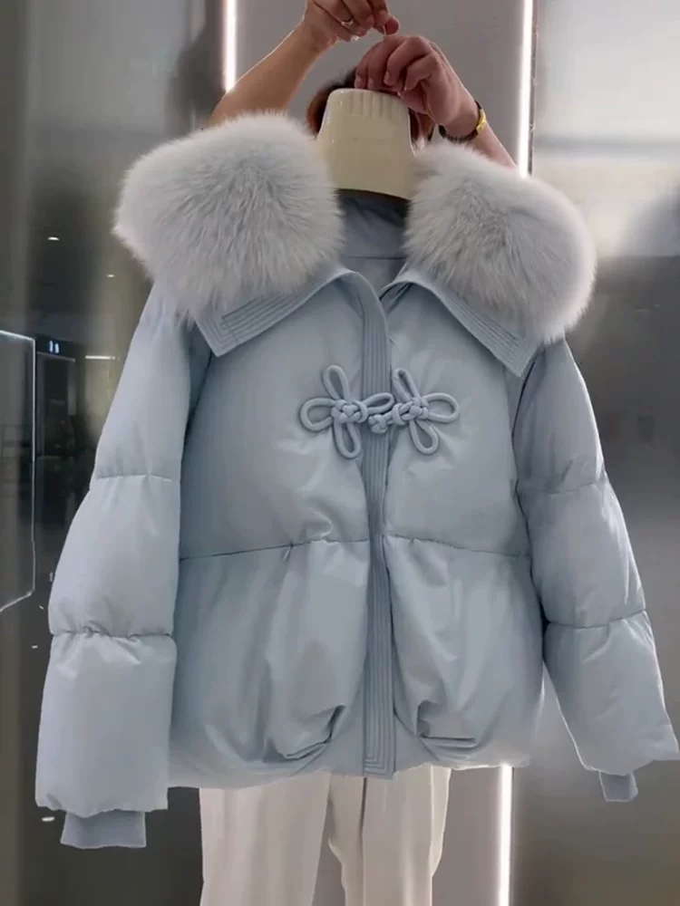 Пуховик зимний короткий синий с пухом, стиль Chanel, оверсайз