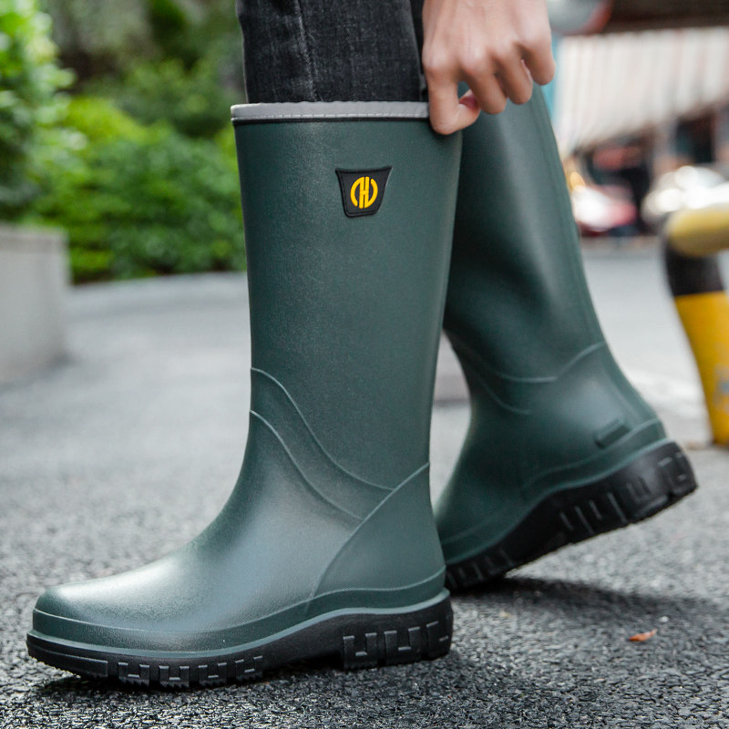 European and American rain boots men's fishing rain boots high tube waterproof shoes plus velvet warm non-slip kitchen work rubber shoes car wash overshoes