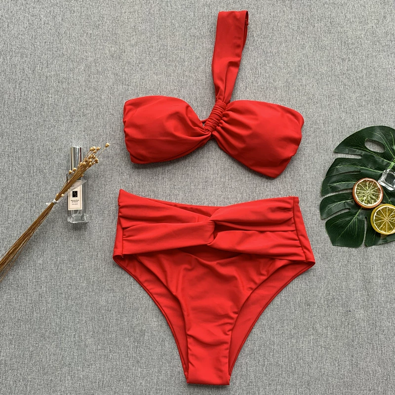 2019 Châu Âu và Hoa Kỳ bikini màu rắn eo cao áo tắm nữ dây đai đồ bơi AliExpress gợi cảm chia bikini