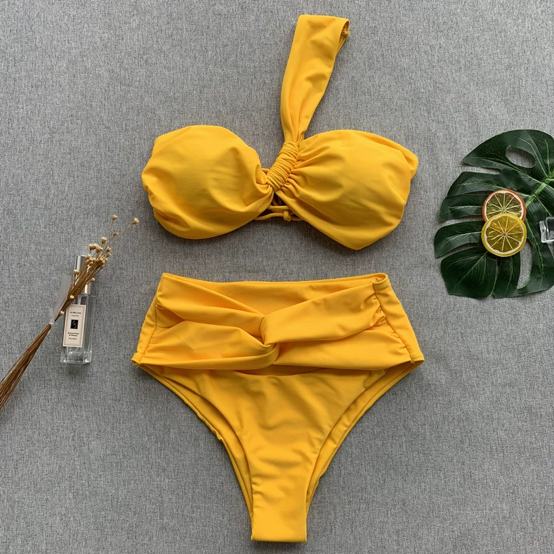 2019 Châu Âu và Hoa Kỳ bikini màu rắn eo cao áo tắm nữ dây đai đồ bơi AliExpress gợi cảm chia bikini