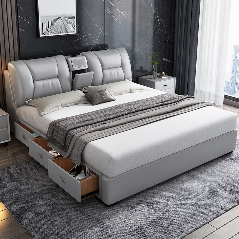 Real Leather Bed Modern Minimalist small family Main bedroom Large Bed Soft Bag Double Man Bed Light Lavish Bed Multifunction Tatami Wedding Bed-Taobao