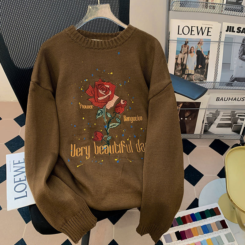 Design sensation niche Rose embroidered long sleeves Knitted Shirts New Ins Tide Cards Superior Hip Hop Casual Sweater Lady-Taobao