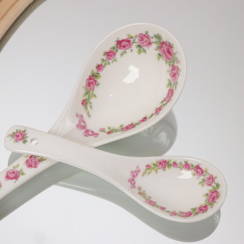 Chinese - style large - size small tablespoon pink rose printed ceramic spoon dining room with tablespoon spoon
