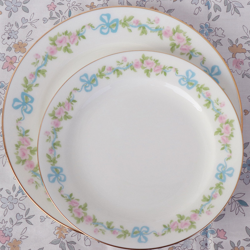 Small earth French style dinner plate cake pan vintage blue silk with butterfly knots Blossom Disc set of disc Ceramics