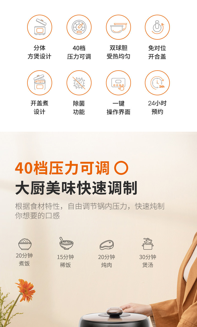 九阳 多功能电压力锅 双球状内胆 5L 支持开盖收汁 图2