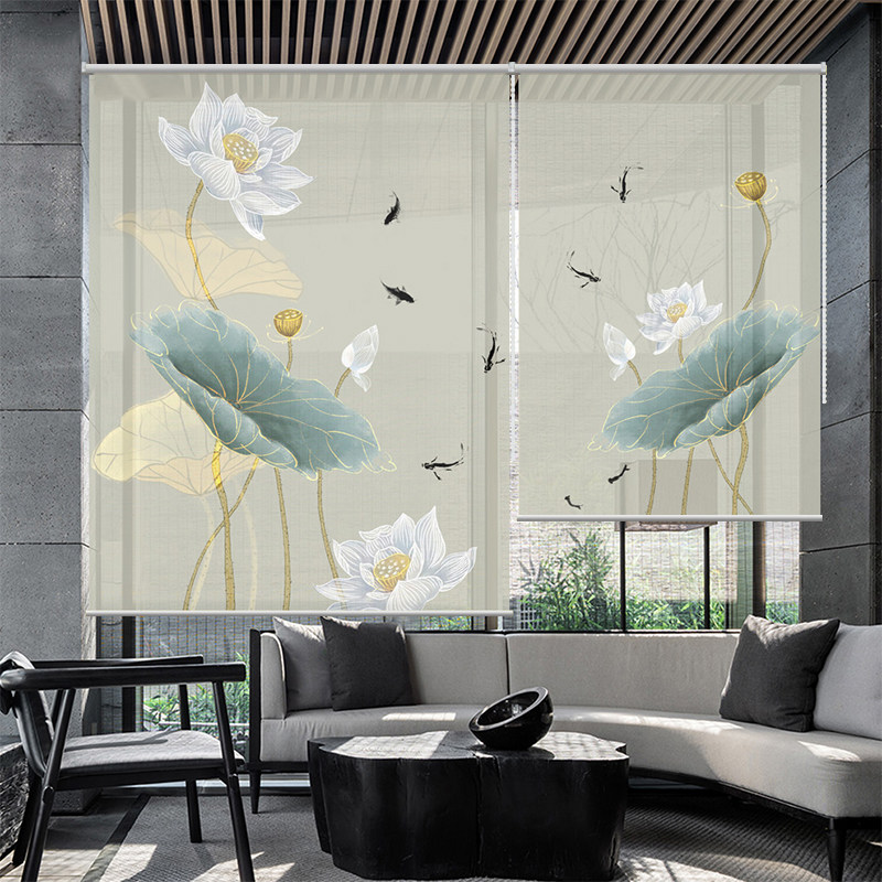 Screen partition curtain new Chinese style blackout curtain roller blind lifting living room porch door curtain blocking decorative hanging curtain