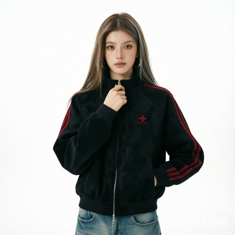 Litchi-Pattern Pu Leather Jacket for Women, 2026 Autumn Short Striped Stand-Up Collar Color-Block Sports Jacket with Three Stripes