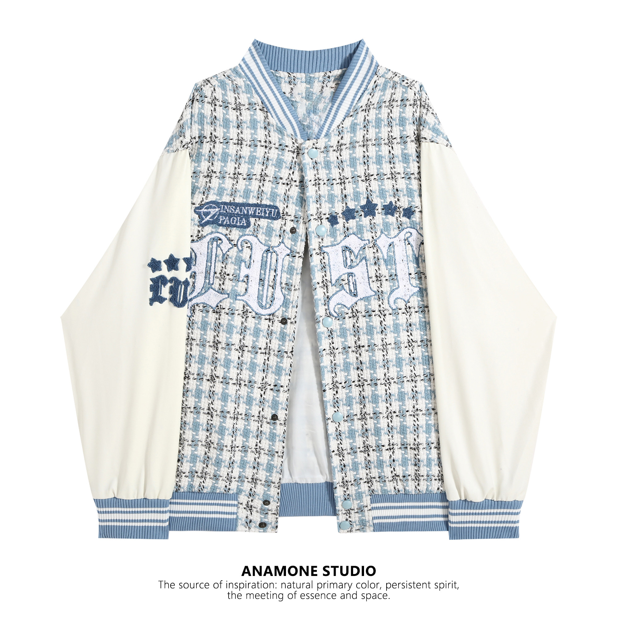 ANAMONE American Coarse Flowers, Spliced Baseball Suit Women's Spring And Autumn Retro Letters Embroidery Design Sense Loose Jacket-Taobao