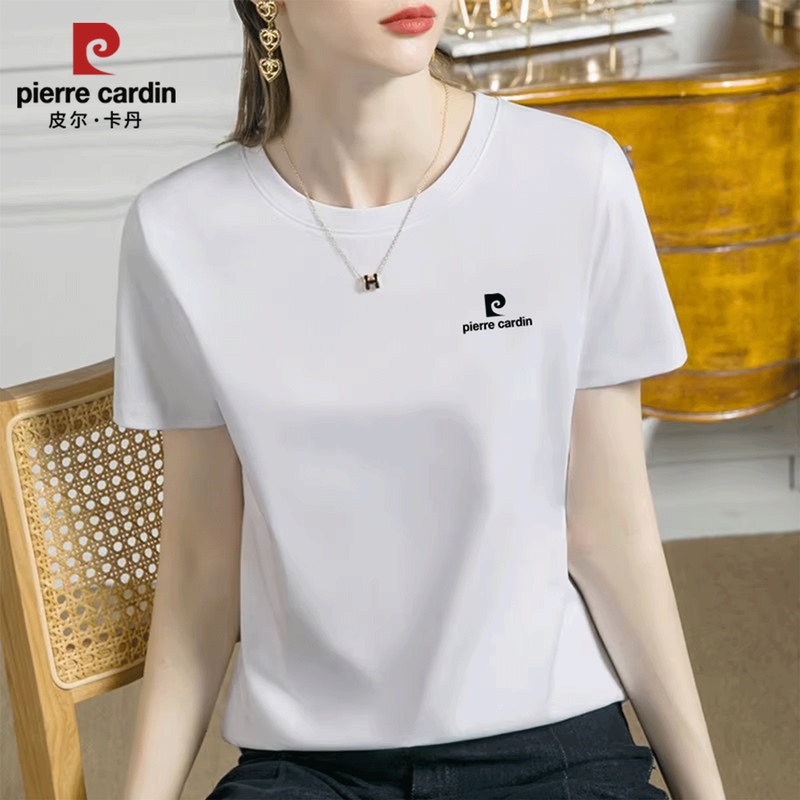 Pierre Cardin High-End Pure Cotton Short-Sleeved T-Shirt for Women 2026 Summer Round Neck Breathable Versatile Slimming White Top Pierre Cardin High-End Pure Cotton Short-Sleeved T-Shirt for Women 2026 Summer Round Neck Breathable Versatile Slimming White Top