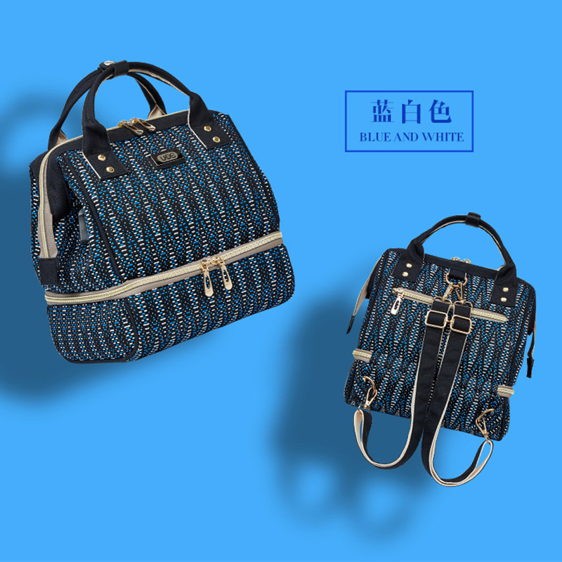 Blue White Diamondtrumpet Mummy Bag   multi-function Dry wet separation  portable both shoulders Mother baby bag Lunch bag Cross border customized