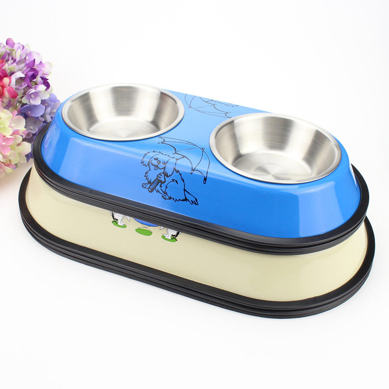 Painted stainless steel pet bowl double bowl non-slip dog bowl cat bowl removable pet feeding bowl