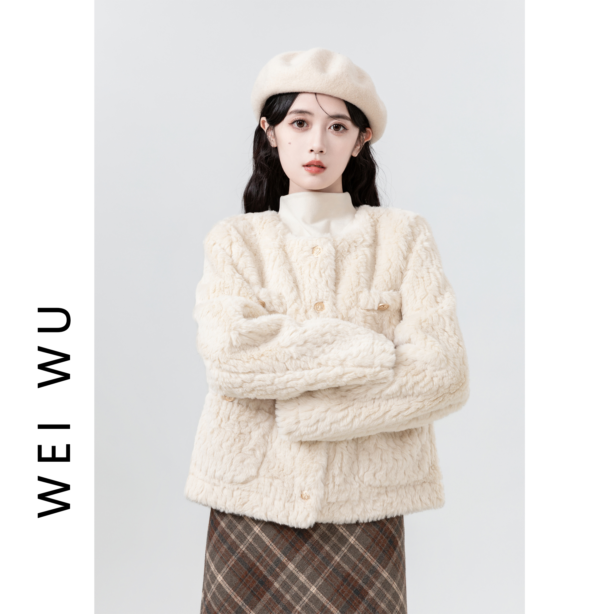 Fur-integrated lamb jacket Women's autumn winter 2023 new small fragrant wind lamb cashmere round neckline with small sub-blouses-Taobao