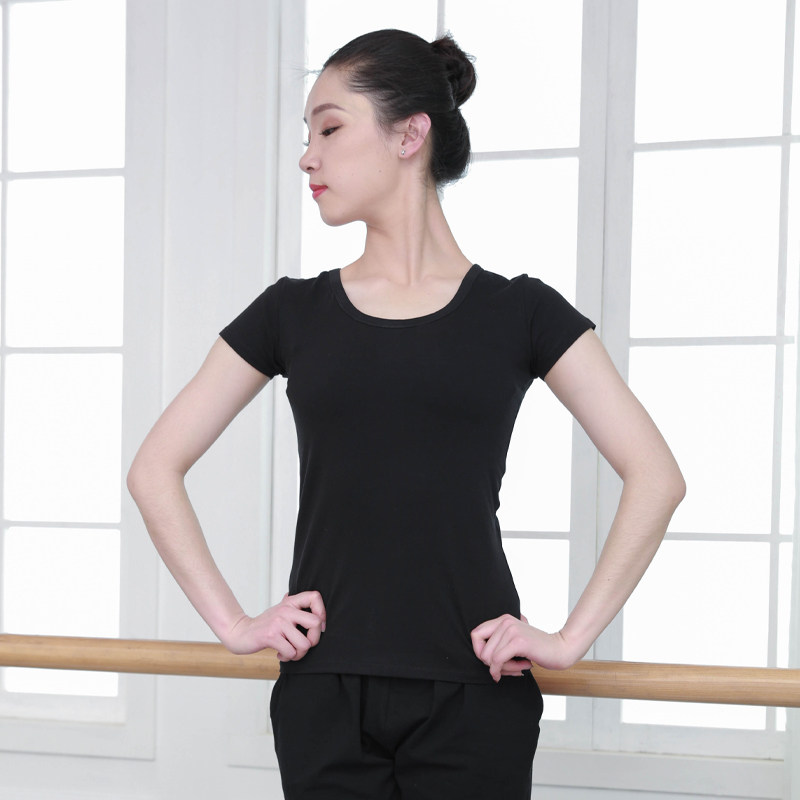 Round Collar Short Sleeves Dance Suit Adult Female Practice Blouse Black Dance Clothing Body Base Training Half Sleeve Bodysuit