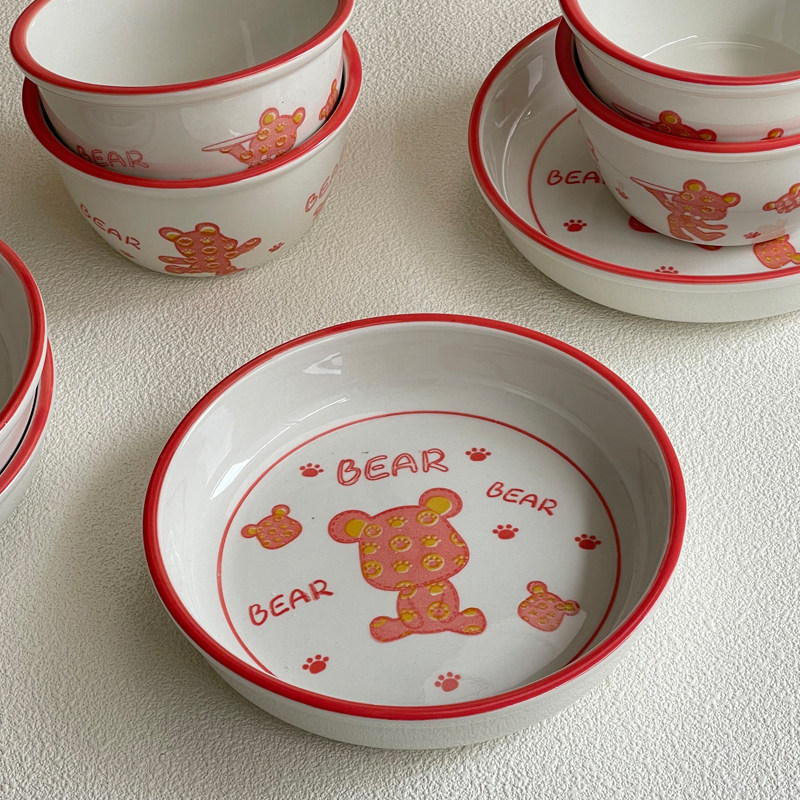 Ins-style cute and girlish cartoon ceramic household bowl and plate set, thickened, heat-resistant and microwave-safe by the internet-famous stinky bear