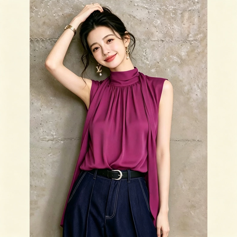 2026 New Summer Style Purple Sleeveless Top for Women, French Intellectual Style, Workwear Style, Super Nice Design, Shirt
