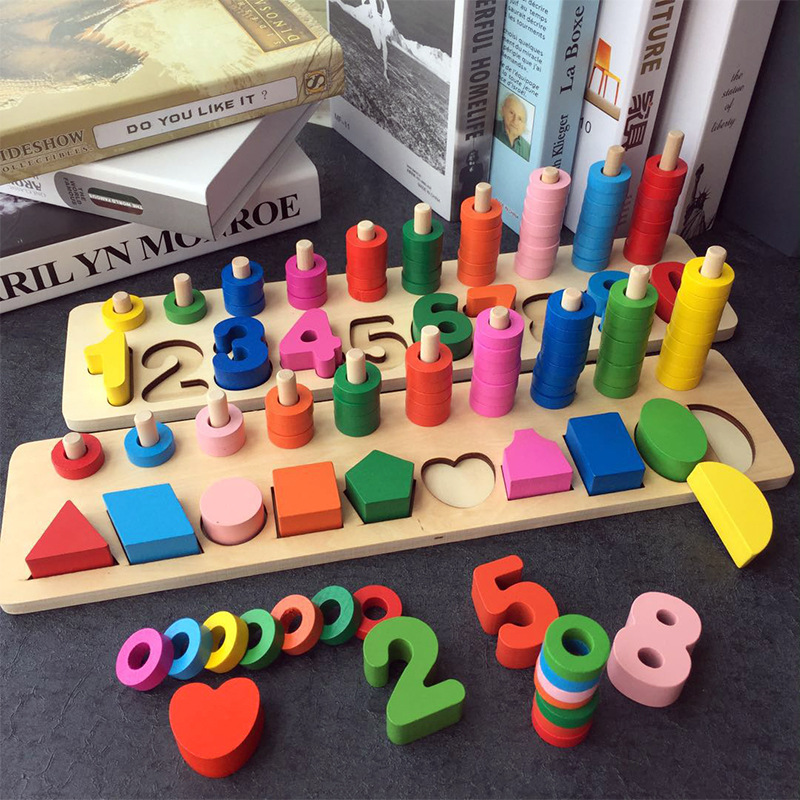 Wooden children's three-in-one toy shape digital logarithm pairing board cognitive counting of wooden wood toys