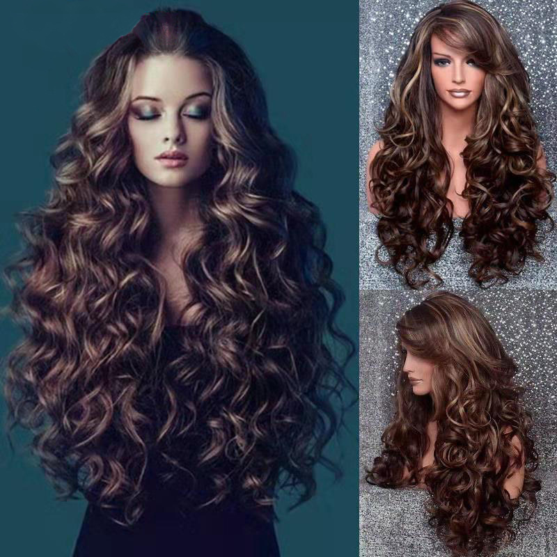 Amazon Synthetic Fluffy Cos Brown Wig European and American Women's Long Curly Hair Big Wave Rose Net Wig