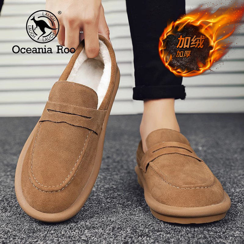 Kangaroo Winter shoes men's section 2023 new one foot pedal plus suede warm cotton shoes low help casual retro bean-bean shoes-Taobao