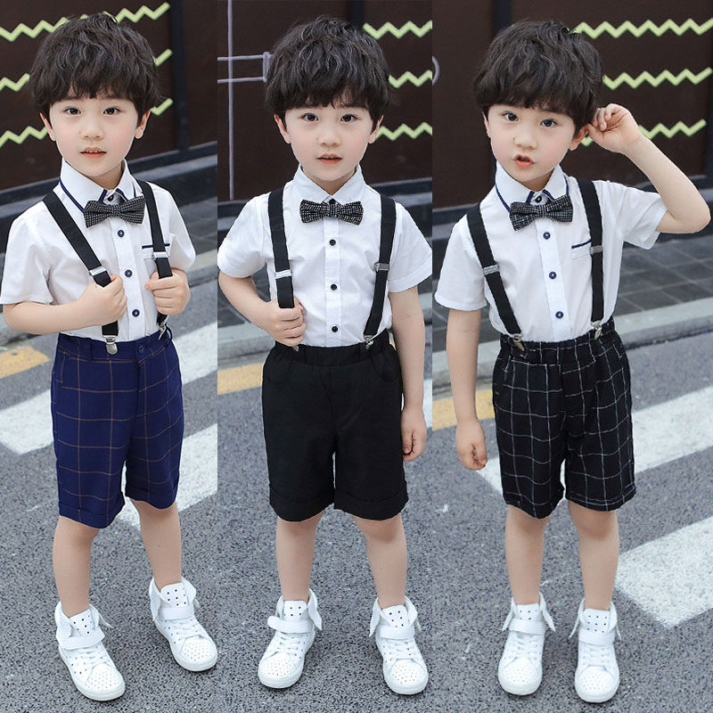 Boys shirt hugging baby bag pants suit summer baby flower girl dress Western style children's little host piano performance clothes tide